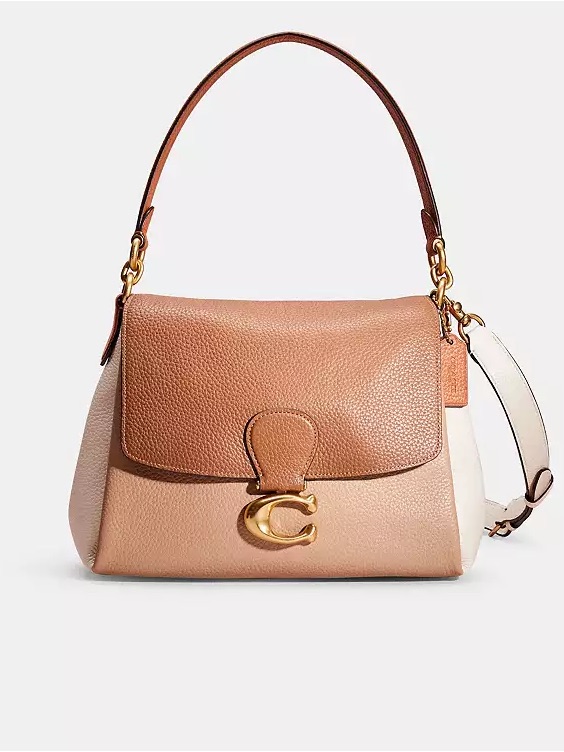 Coach Two-Tone Pebbled Leather Shoulder Bag In Tan And Cream